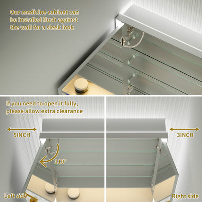Ample 30" W x 36" H LED Lighted Chrome Medicine Cabinet with Mirror and Shelves for Bathroom Recessed or Surface Mount - ExBriteUSA