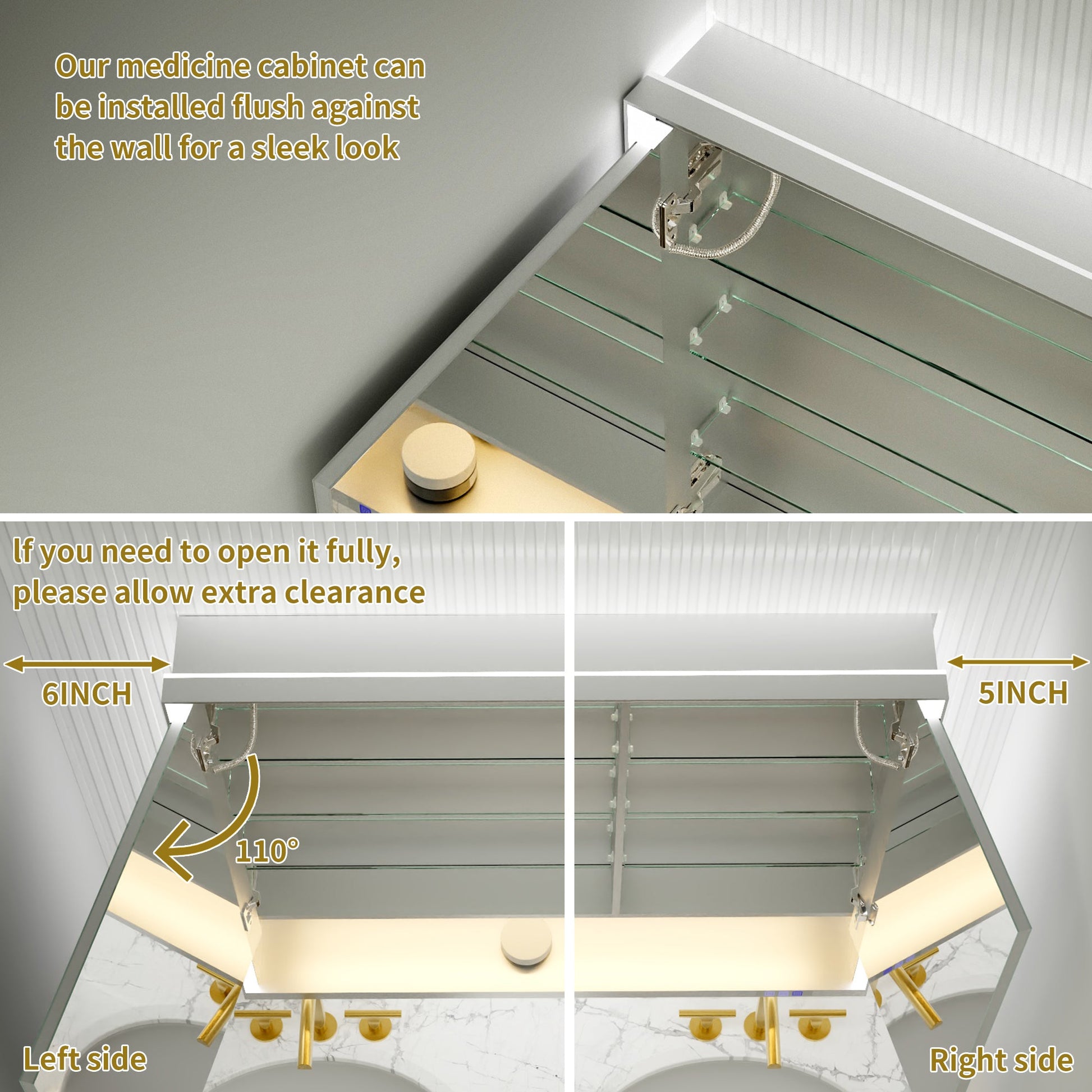 Ample 42" W x 36" H LED Lighted Chrome Medicine Cabinet with Mirror and Shelves for Bathroom Recessed or Surface Mount - ExBriteUSA