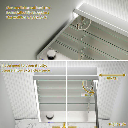 Ample 24" W x 36" H LED Lighted Chrome Bathroom Medicine Cabinet with Mirror and Shelves, Right Hinge for Recessed or Surface Mount