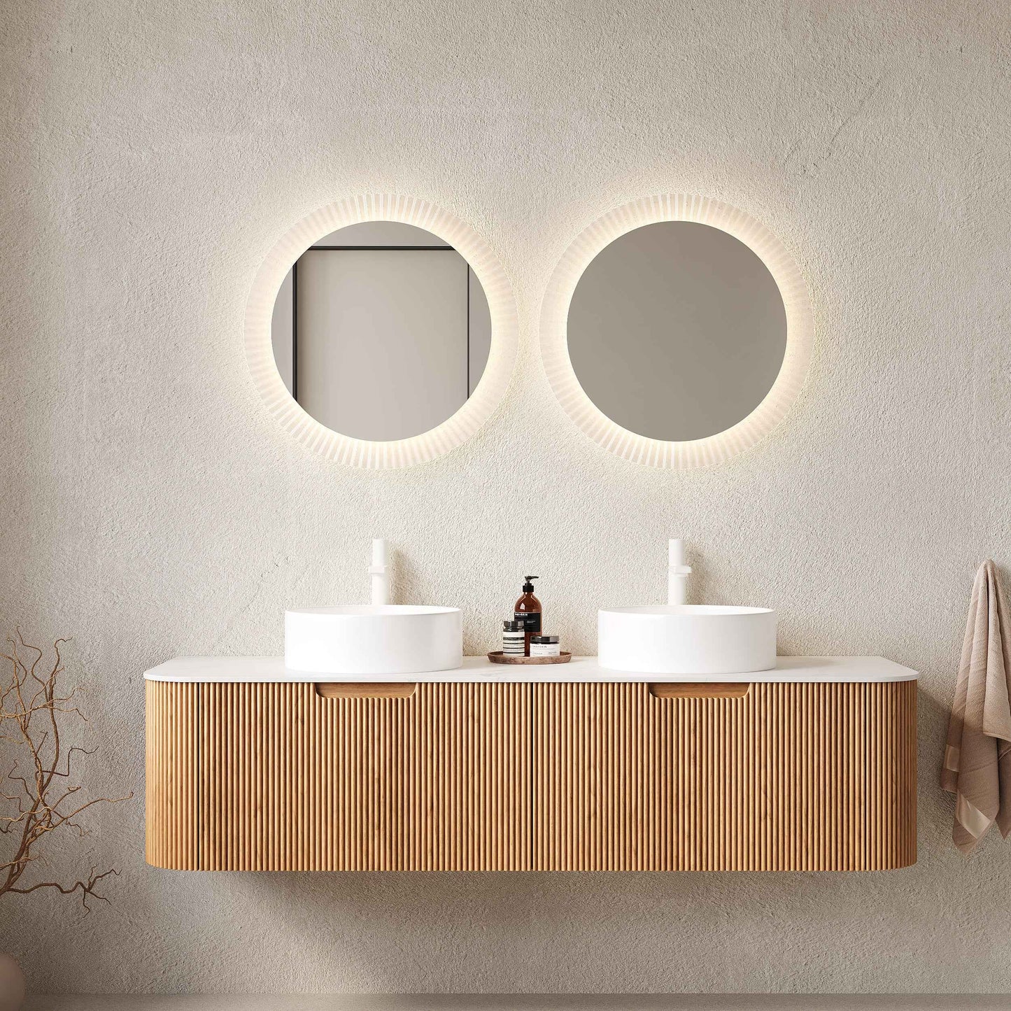 ExBrite DN 60' Bathroom Vanity with Sinks, Wall-Mounted Floating Curved Edges Striped Bathroom Storage Cabinet with 2 Drawers, 2 White Round Ceramic Basins, NO Faucet, Pre-assembled, Natural Woodgrain Color