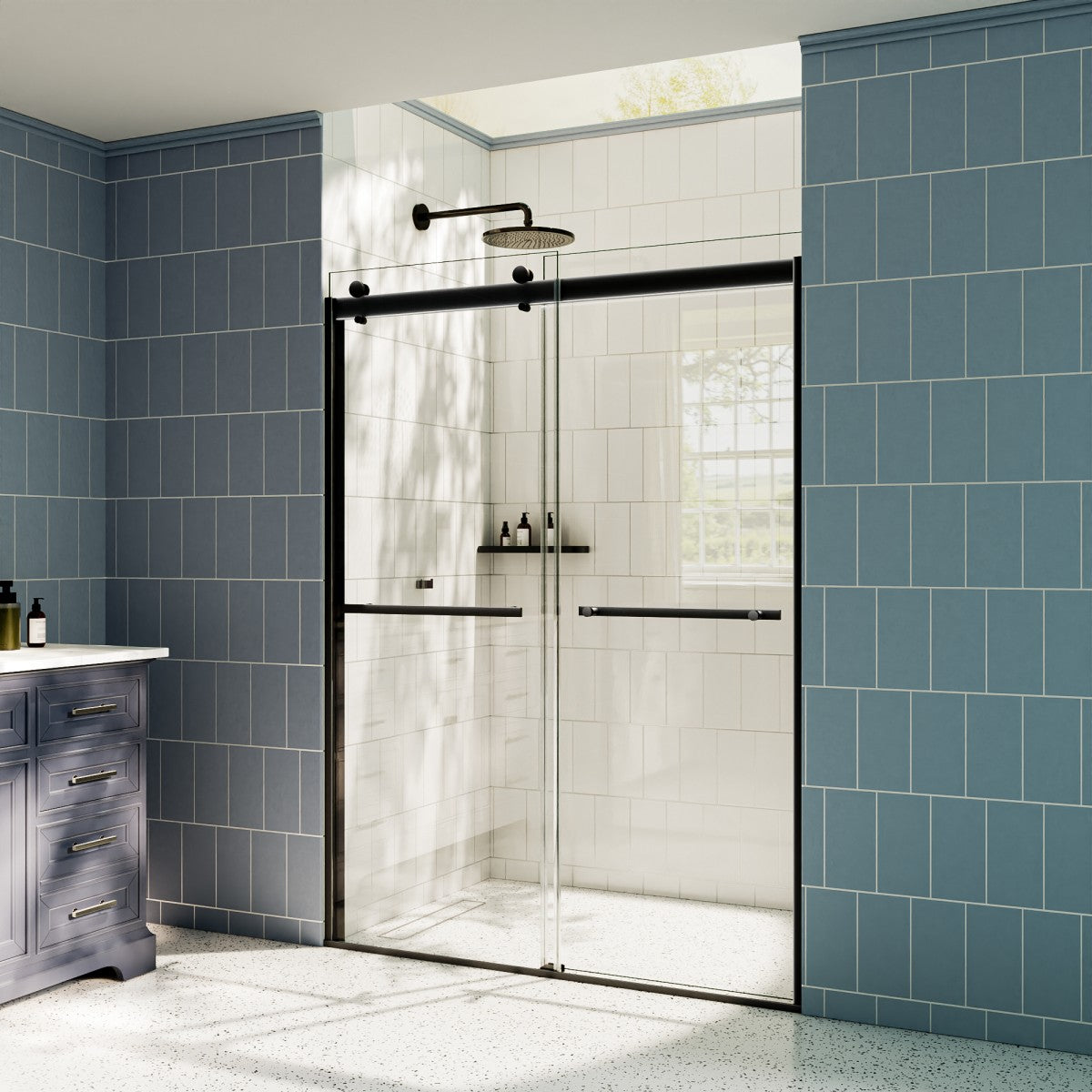 ExRoll 44-48" x 74" Frameless Shower Sliding Glass,Matte Black,Water Repellent Glass Shower Door,Explosion-proof,Easy-to-clean coating