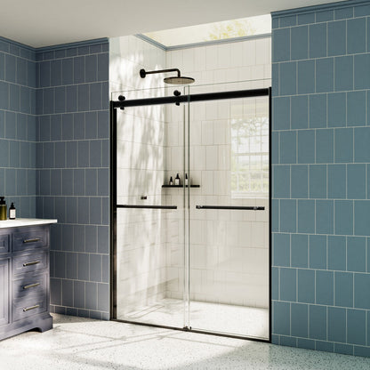 ExRoll 44-48" x 74" Frameless Shower Sliding Glass,Matte Black,Water Repellent Glass Shower Door,Explosion-proof,Easy-to-clean coating