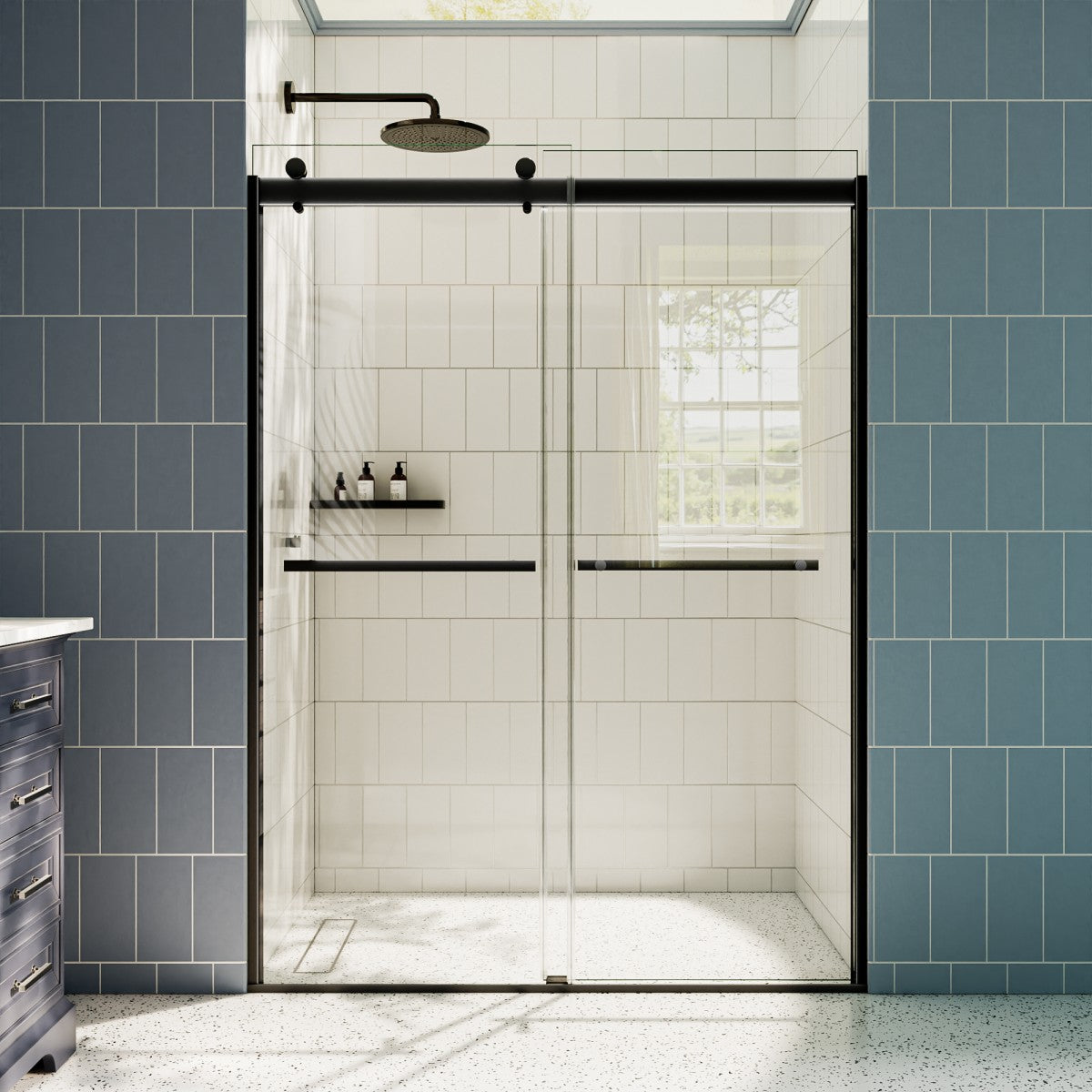 ExRoll 44-48" x 74" Frameless Shower Sliding Glass,Matte Black,Water Repellent Glass Shower Door,Explosion-proof,Easy-to-clean coating