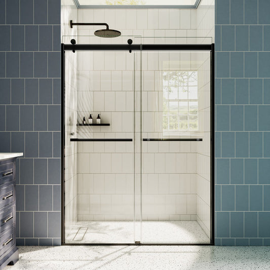 ExRoll 44-48" x 74" Frameless Shower Sliding Glass,Matte Black,Water Repellent Glass Shower Door,Explosion-proof,Easy-to-clean coating