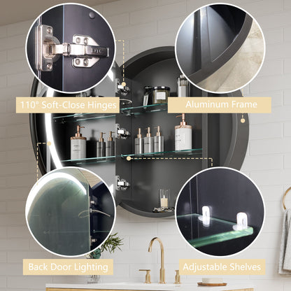 Hola 28" Round LED Medicine Cabinet �C Black Frame, Anti-Fog, Dimmable Lighting, Surface Mount - ExBriteUSA