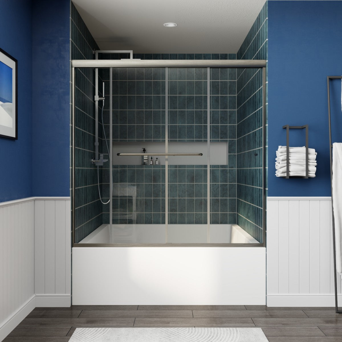 Glide-B Allsumhome 56-60" Framed Double Sliding Tub Door,Bypass Bathtub Shower Tempered Glass Door,Explosion-Proof Film,Brush Nickel