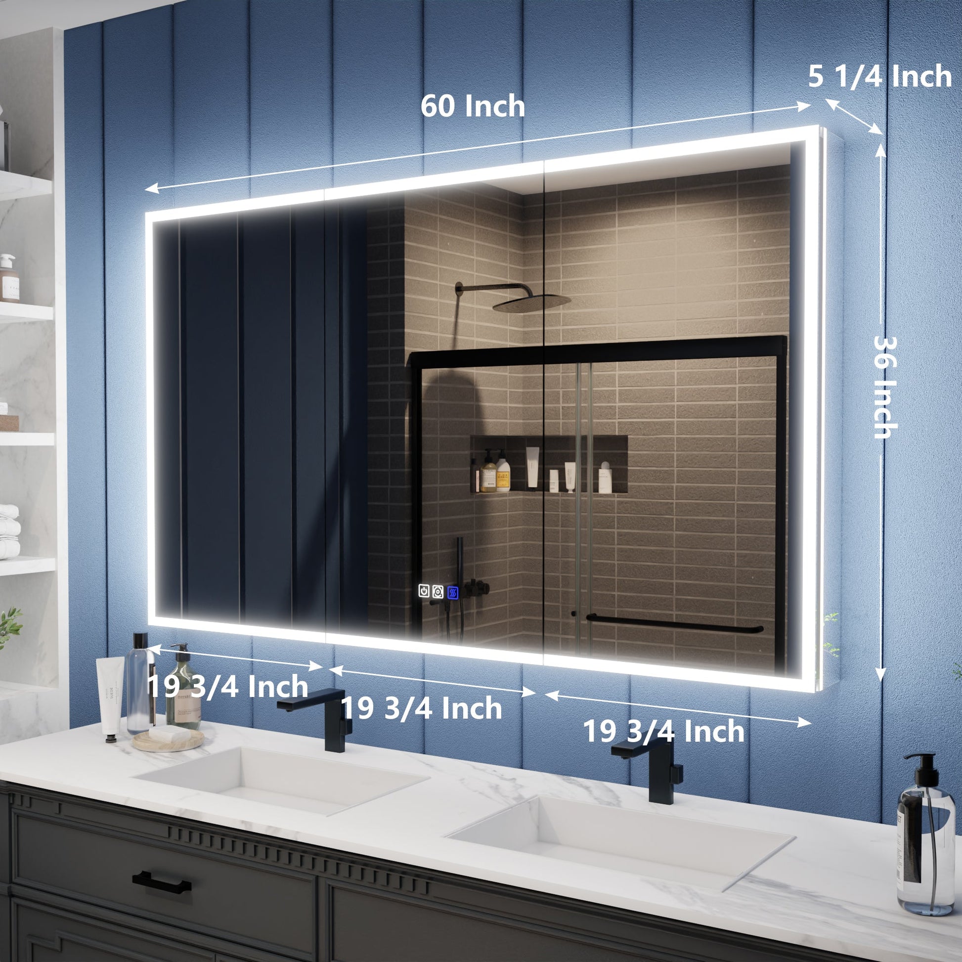 Bathroom vanity with a large illuminated mirror and measurements
