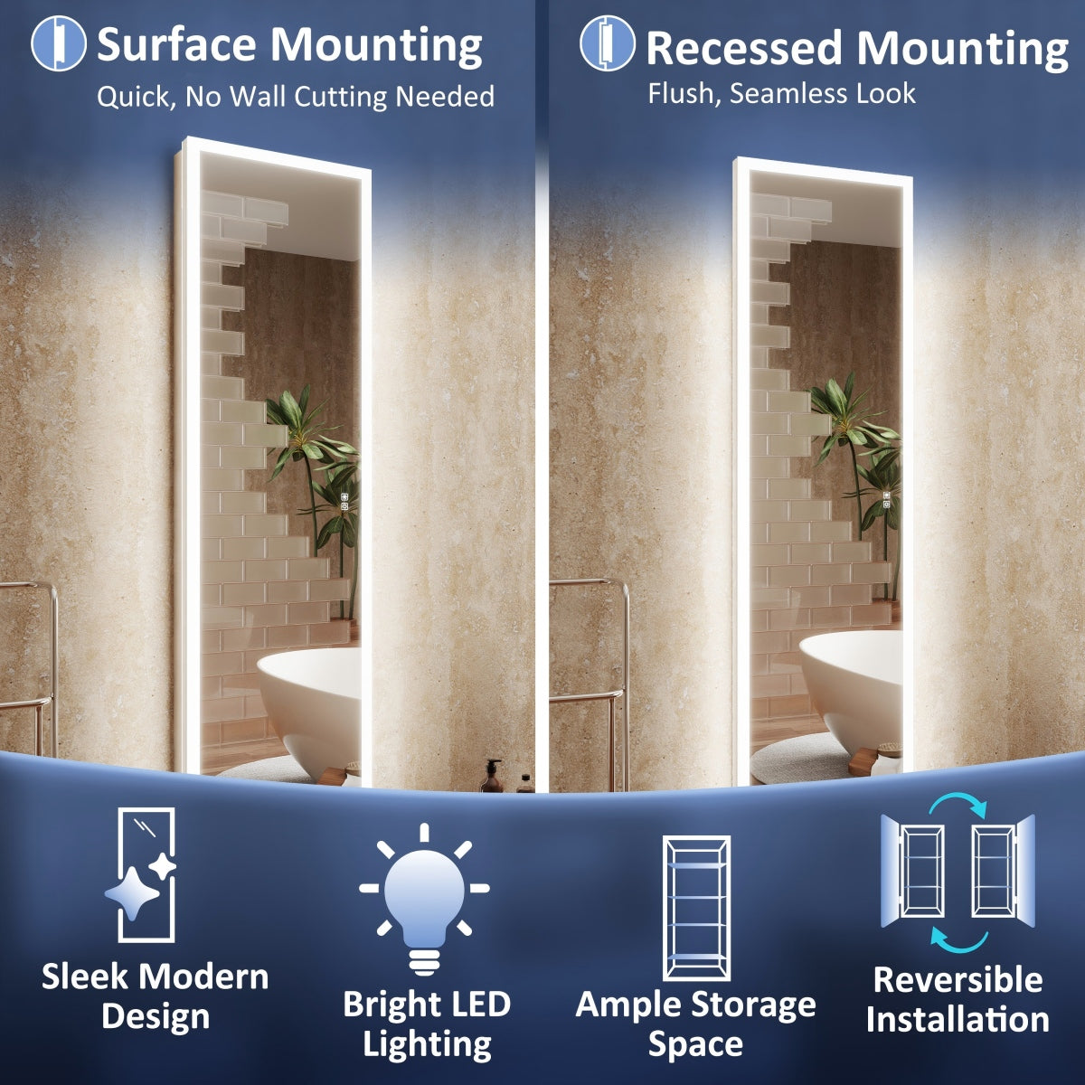 Allsum 16-1/8" x 70-1/8" Full Length Lighted Frameless Single Door Medicine Cabinet