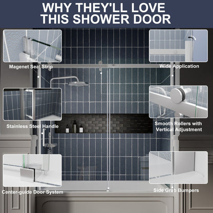 Zephyr 56-60" Semi-Frameless Single Sliding Tub Door,Chrome,Bypass Bathtub Shower Tempered Glass Door with Explosion-Proof Film