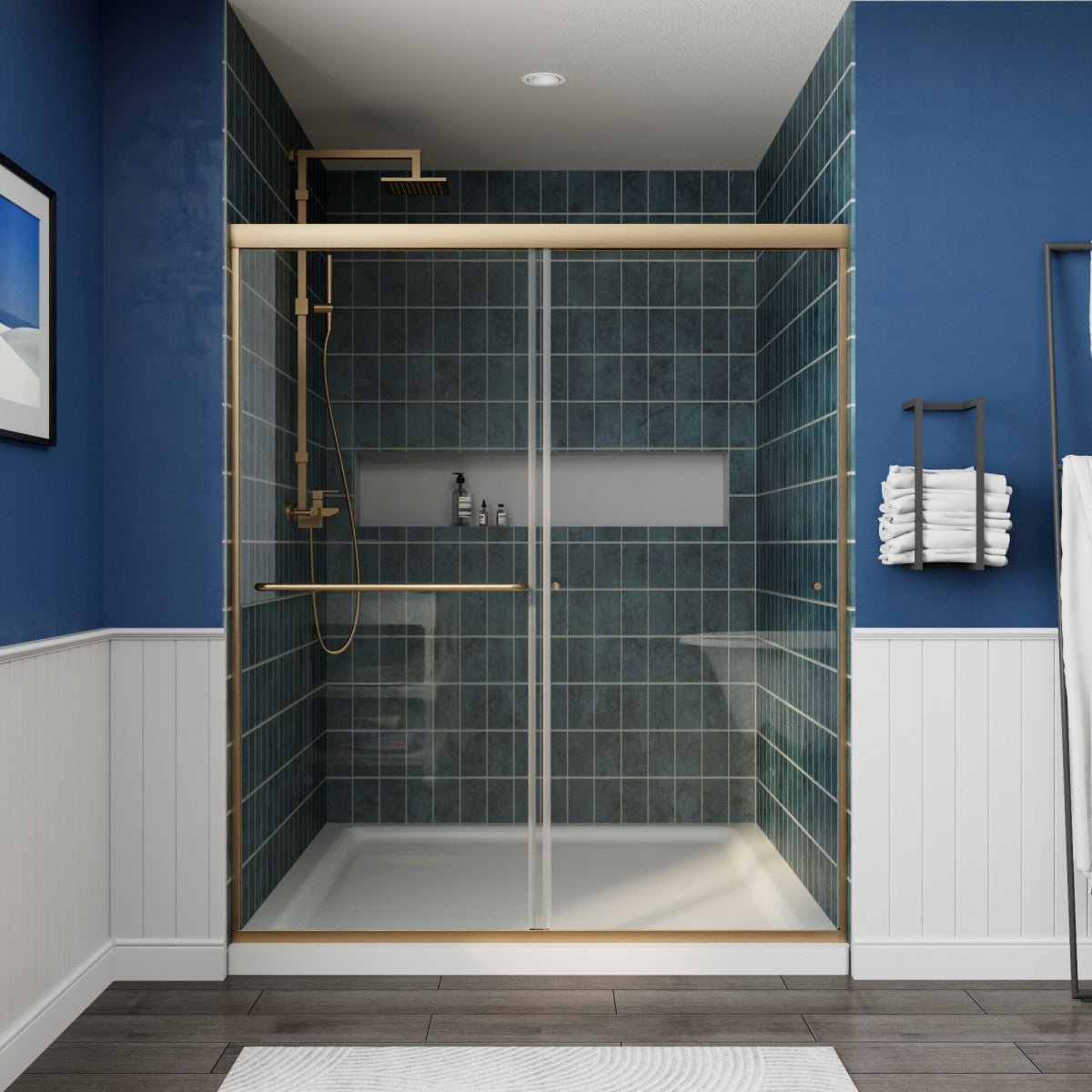 Glide Framed Shower Door 56-60 in. W x 70 in. H Bypass Sliding Shower Enclosure,Brushed Gold,Double Sliding Glass Bathroom Doors