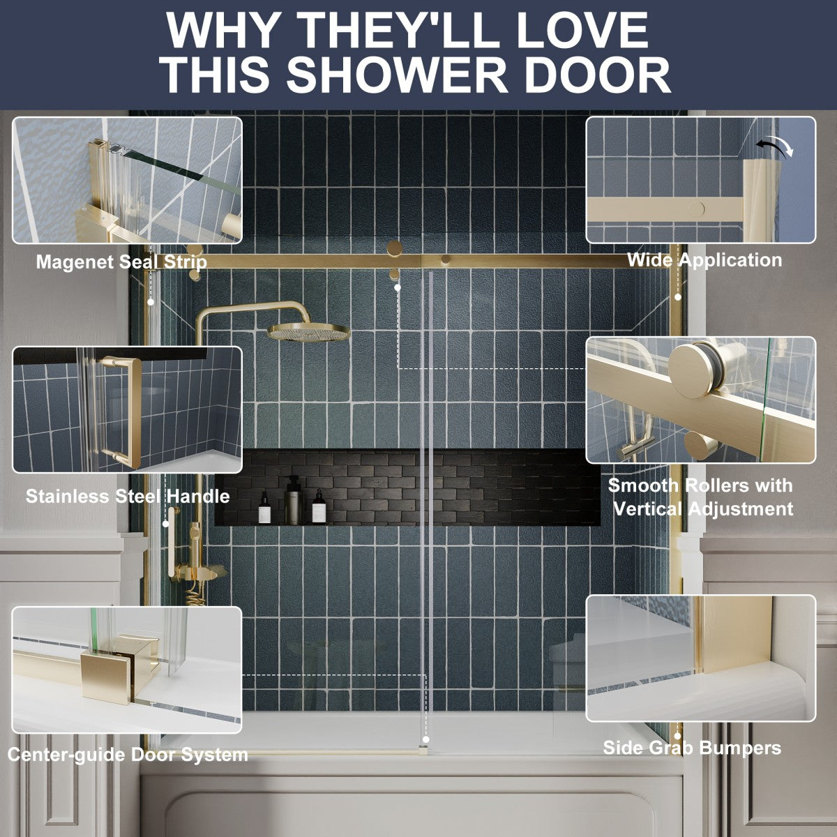 Zephyr 56-60" Semi-Frameless Single Sliding Tub Door,Brushed Gold,Bypass Bathtub Shower Tempered Glass Door with Explosion-Proof Film