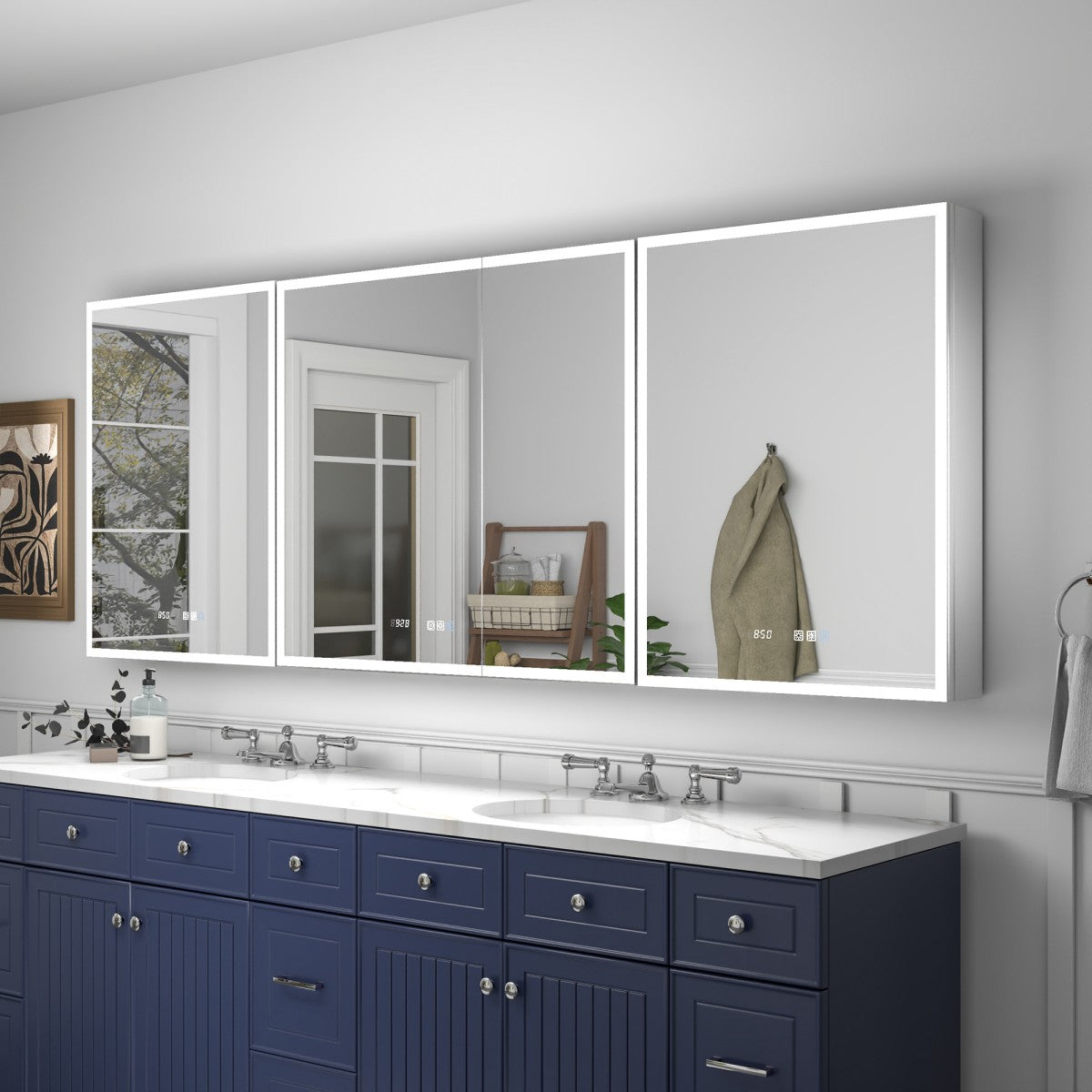 Rim 84" W x 32" H LED Lighted Bathroom Medicine Cabinet with Mirror Recessed or Surface with Mirrors