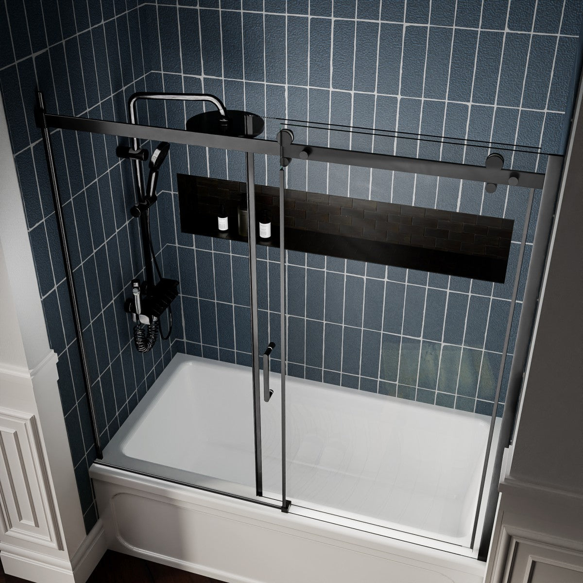 Zephyr 56-60" Semi-Frameless Single Sliding Tub Door,Matte Black,Bypass Bathtub Shower Tempered Glass Door with Explosion-Proof Film