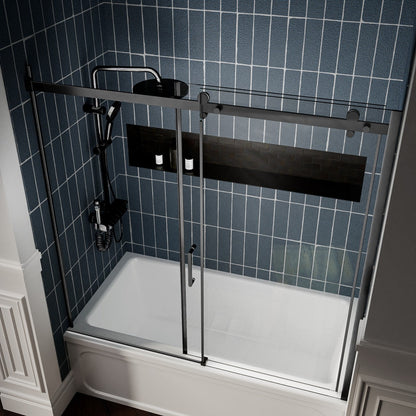 Zephyr 56-60" Semi-Frameless Single Sliding Tub Door,Matte Black,Bypass Bathtub Shower Tempered Glass Door with Explosion-Proof Film