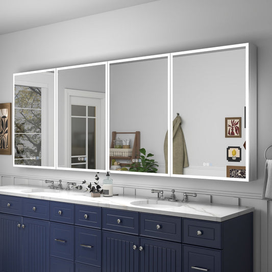 Bathroom vanity with large mirror, blue cabinets, and white countertop.