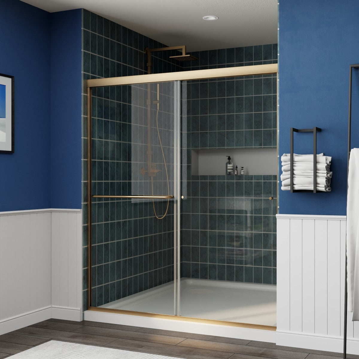 Glide Framed Shower Door 56-60 in. W x 70 in. H Bypass Sliding Shower Enclosure,Brushed Gold,Double Sliding Glass Bathroom Doors