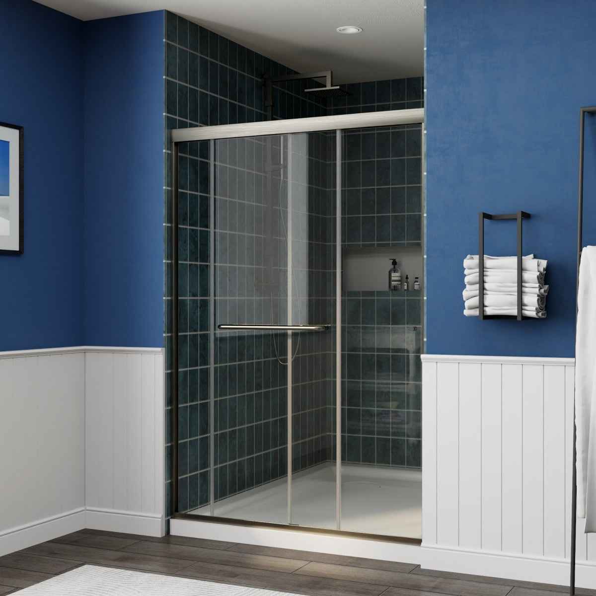Glide 44-48" Wide x 70" Sliding Glass Shower Doors Frame in Brushed Gold,Clear Tempered Glass