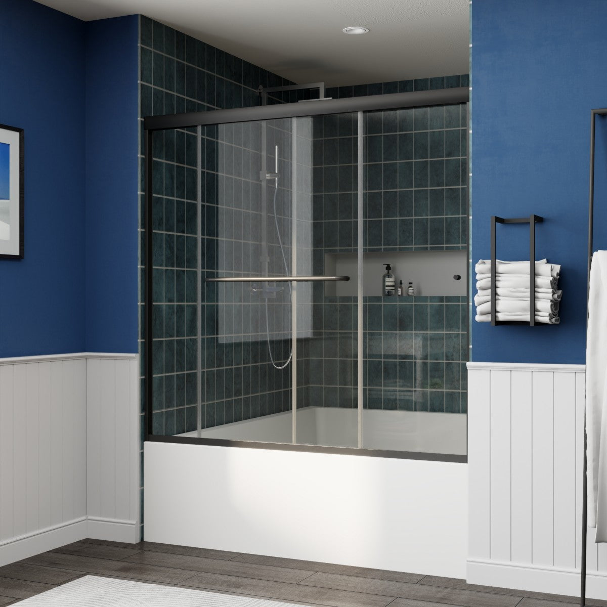 Glide-B Allsumhome 56-60" Framed Double Sliding Tub Door,Bypass Bathtub Shower Tempered Glass Door,Explosion-Proof Film,Matte Black