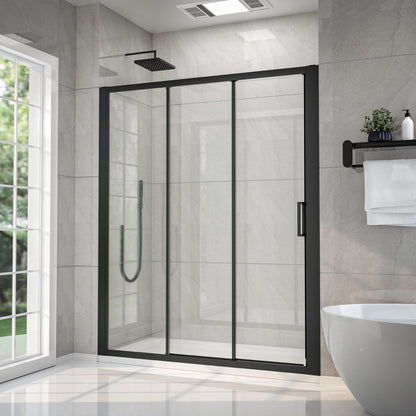 Modern bathroom with a shower enclosure, bathtub, and window.