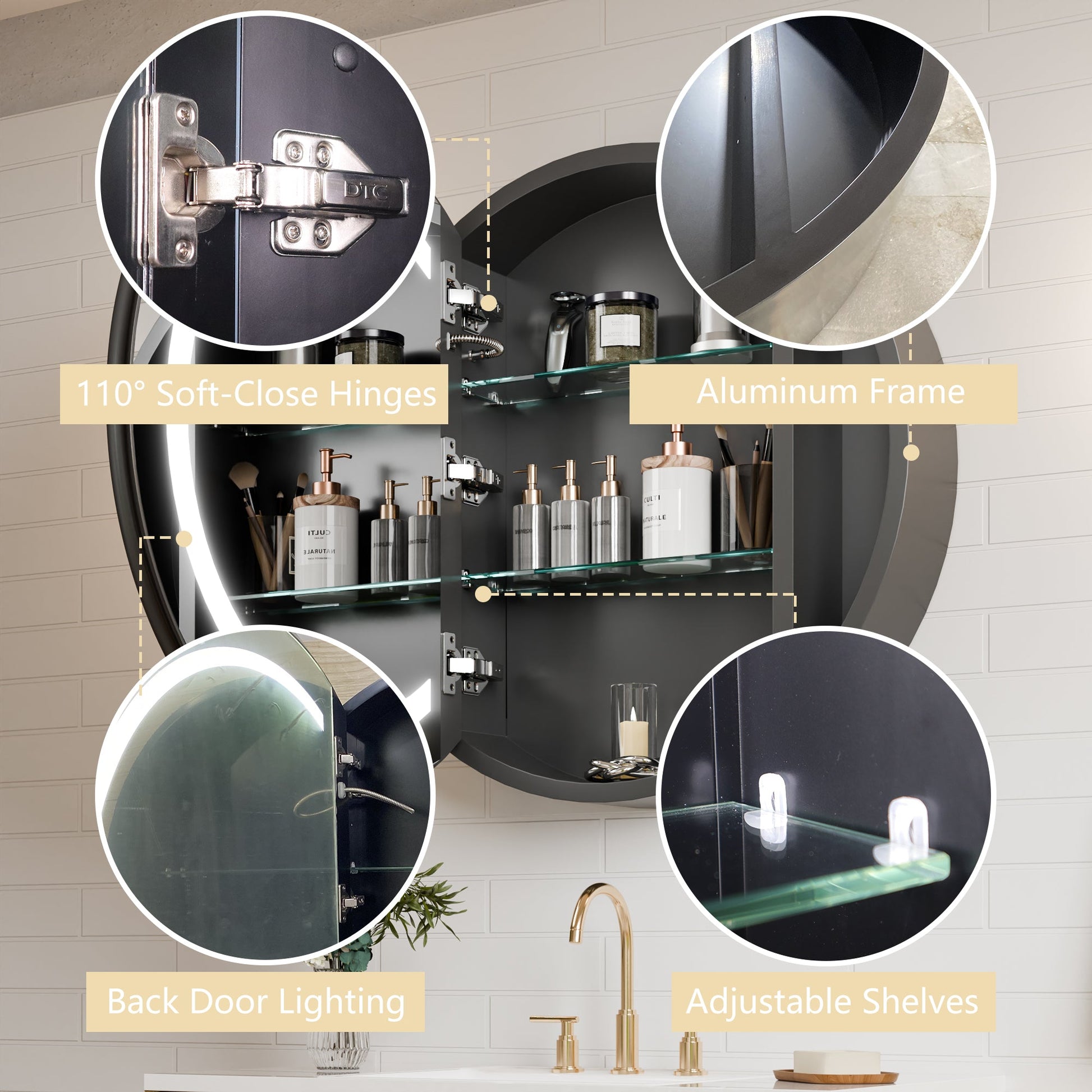 Hola 26" Round LED Medicine Cabinet �C Black Frame, Anti-Fog, Dimmable Lighting, Surface Mount - ExBriteUSA