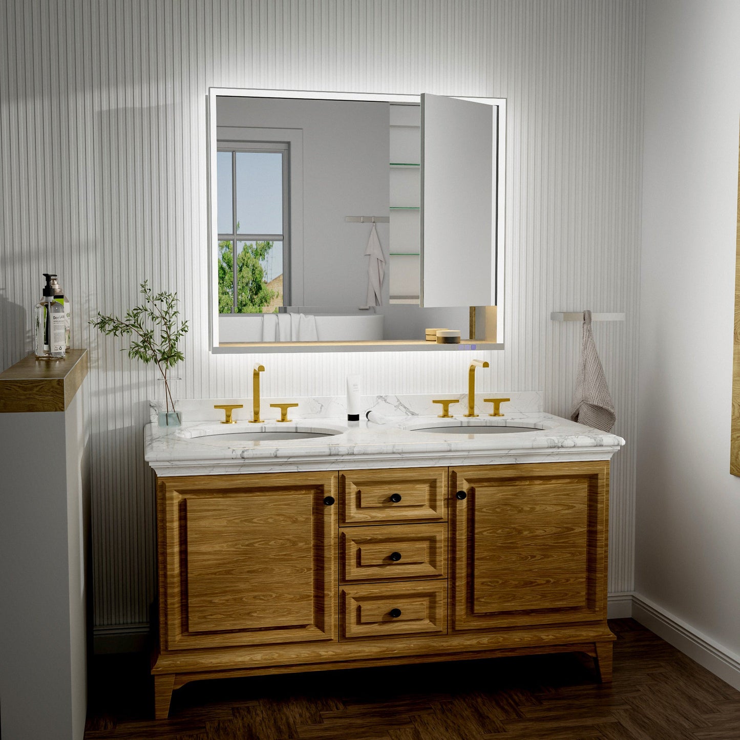 Ample 42" W x 36" H LED Lighted Chrome Medicine Cabinet with Mirror and Shelves for Bathroom Recessed or Surface Mount - ExBriteUSA