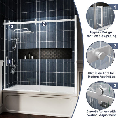 Zephyr 52-56" Semi-Frameless Single Sliding Tub Door,Chrome,Bypass Bathtub Shower Tempered Glass Door with Explosion-Proof Film