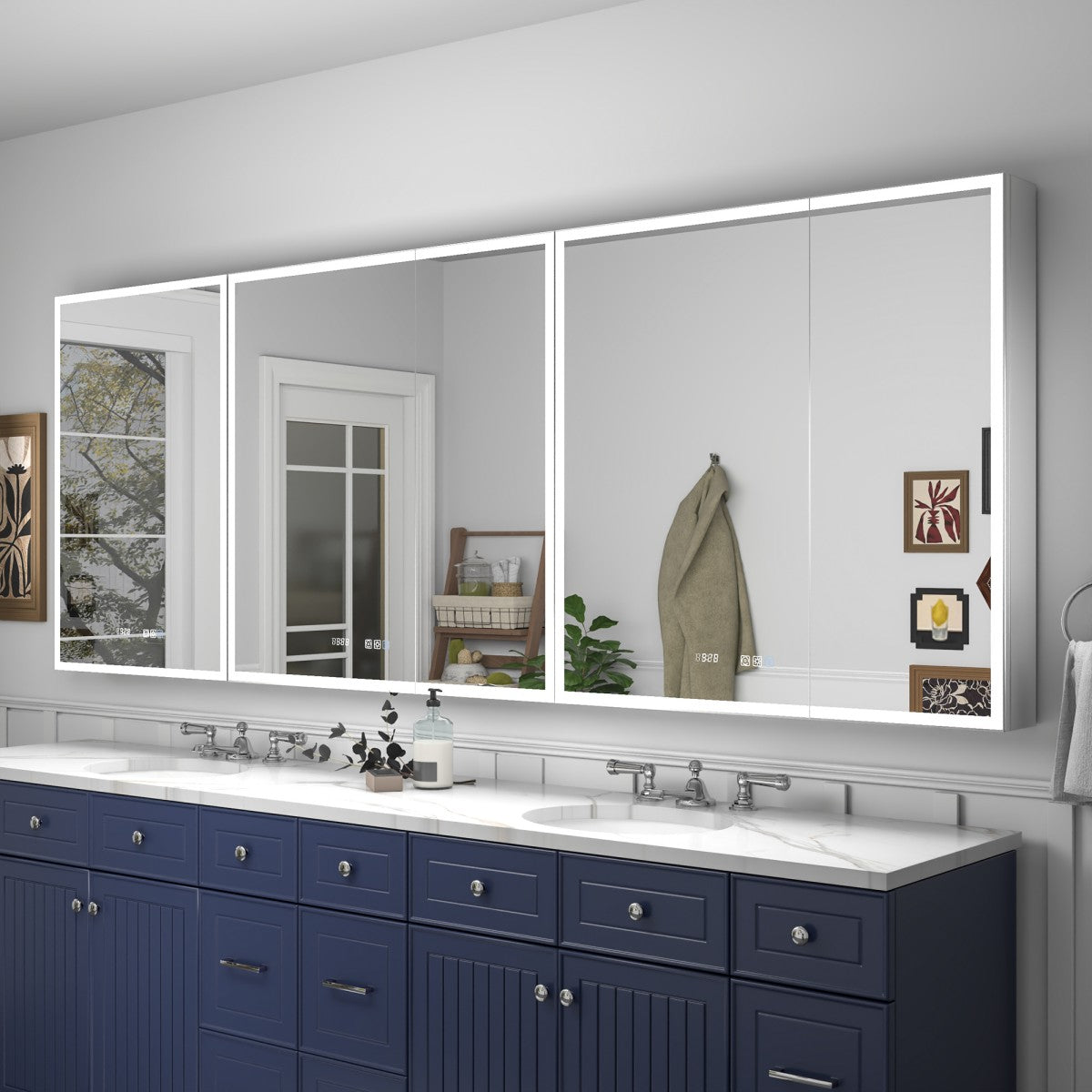 Rim 96" W x 36" H LED Lighted Medicine Cabinet Recessed or Surface with Mirrors