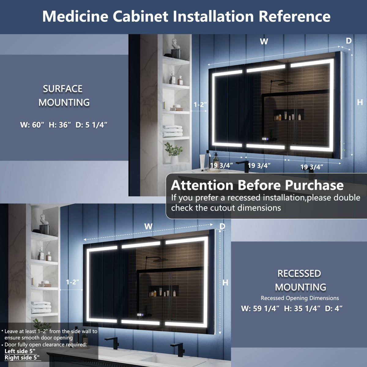 Illusion-B 60" x 36" LED Lighted Inset Mirrored Medicine Cabinet with Magnifiers Front and Back Light