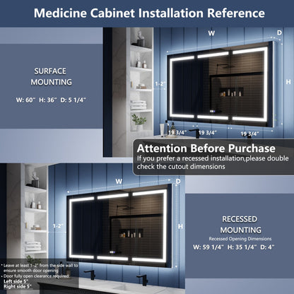 Illusion-B 60" x 36" LED Lighted Inset Mirrored Medicine Cabinet with Magnifiers Front and Back Light