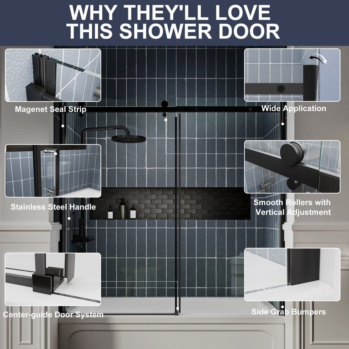 Zephyr 56-60" Semi-Frameless Single Sliding Tub Door,Matte Black,Bypass Bathtub Shower Tempered Glass Door with Explosion-Proof Film