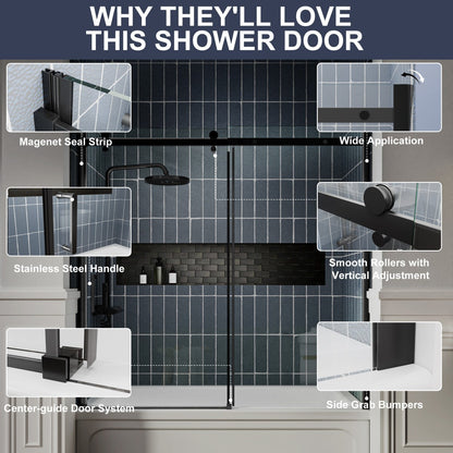 Zephyr 56-60" Semi-Frameless Single Sliding Tub Door,Matte Black,Bypass Bathtub Shower Tempered Glass Door with Explosion-Proof Film