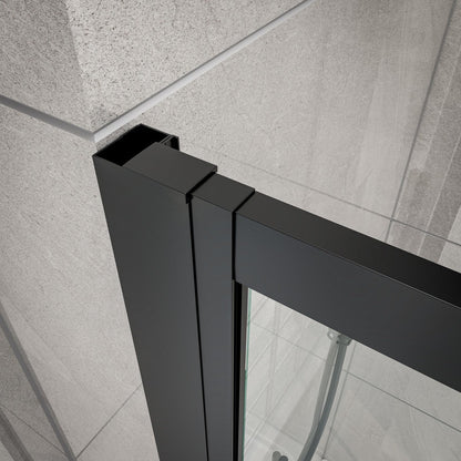 Black metal frame corner detail on a tiled wall