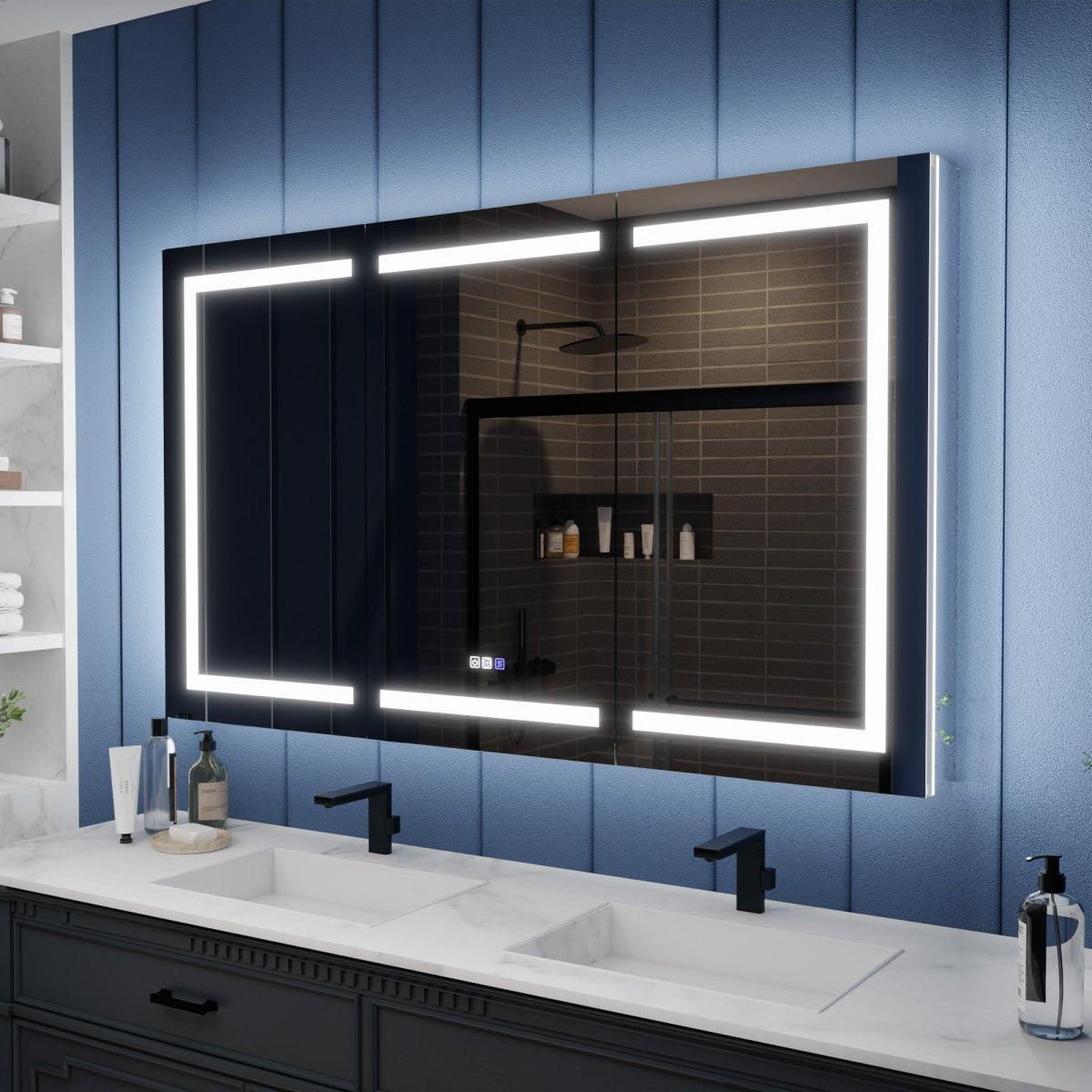 Illusion-B 60" x 36" LED Lighted Inset Mirrored Medicine Cabinet with Magnifiers Front and Back Light