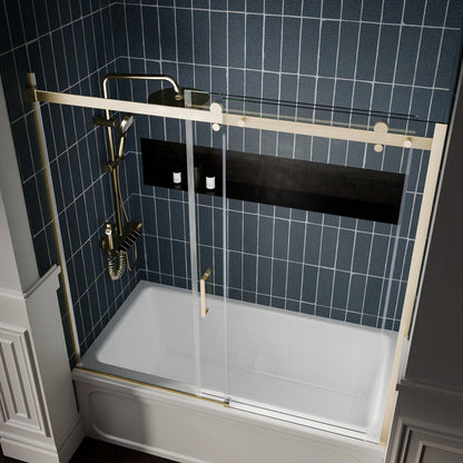 Zephyr 56-60" Semi-Frameless Single Sliding Tub Door,Brushed Gold,Bypass Bathtub Shower Tempered Glass Door with Explosion-Proof Film