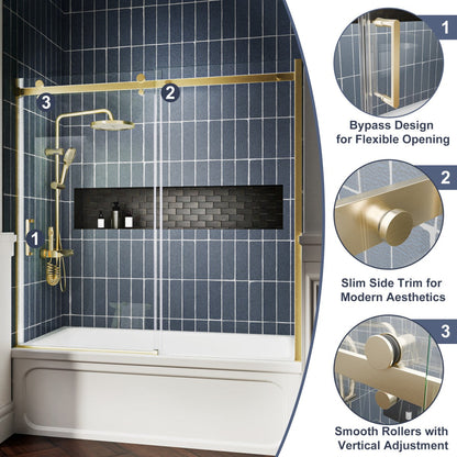 Zephyr 56-60" Semi-Frameless Single Sliding Tub Door,Brushed Gold,Bypass Bathtub Shower Tempered Glass Door with Explosion-Proof Film
