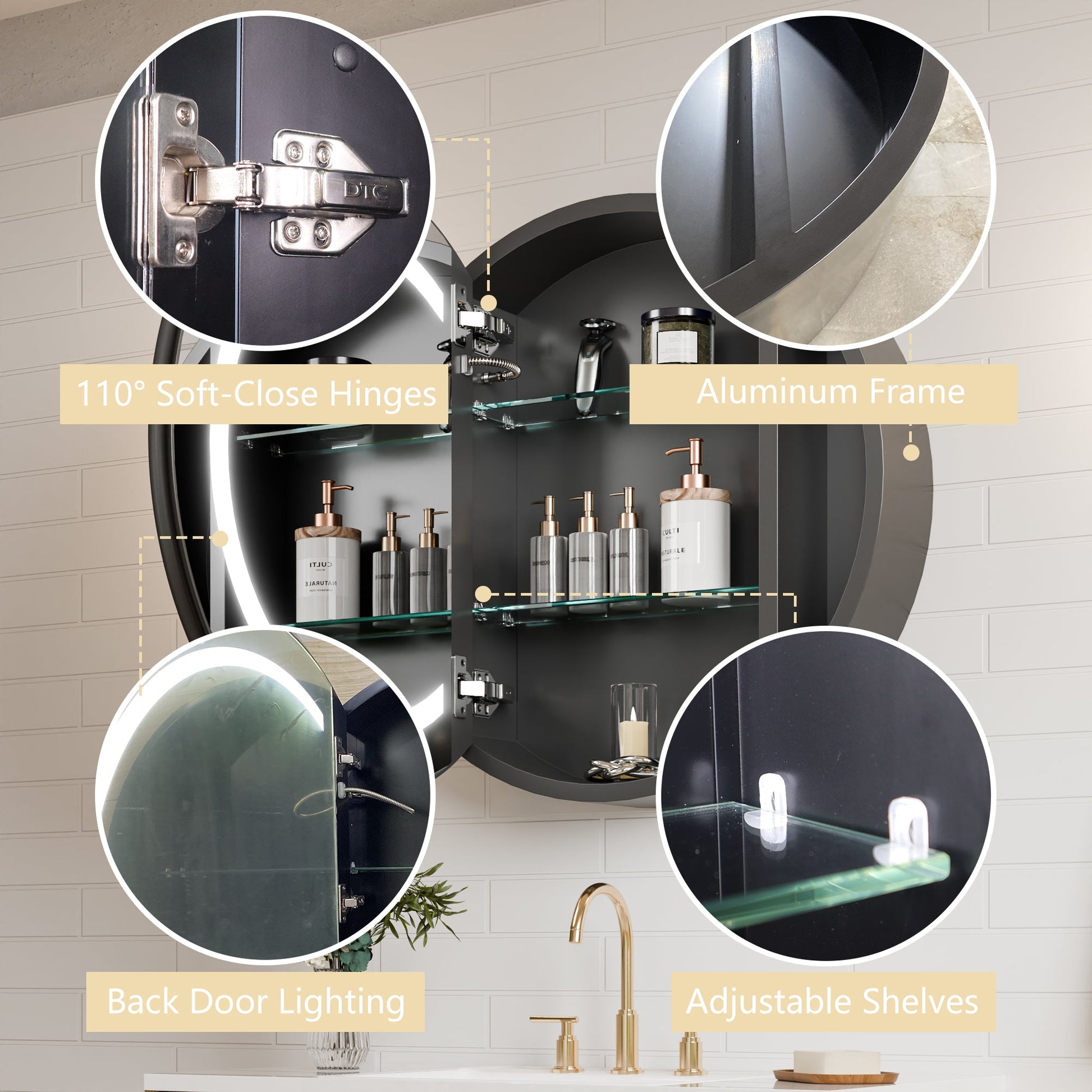 Hola 24" Round LED Medicine Cabinet �C Black Frame, Anti-Fog, Dimmable Lighting, Surface Mount - ExBriteUSA