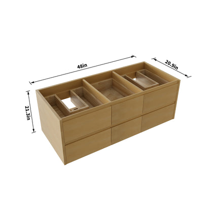 Sleek 48" (Only VanityBase) Modern Floating Maple wood Bathroom Vanity Cabinet with with Lights and Stone Slab Countertop, Dual Sinks - ExBriteUSA