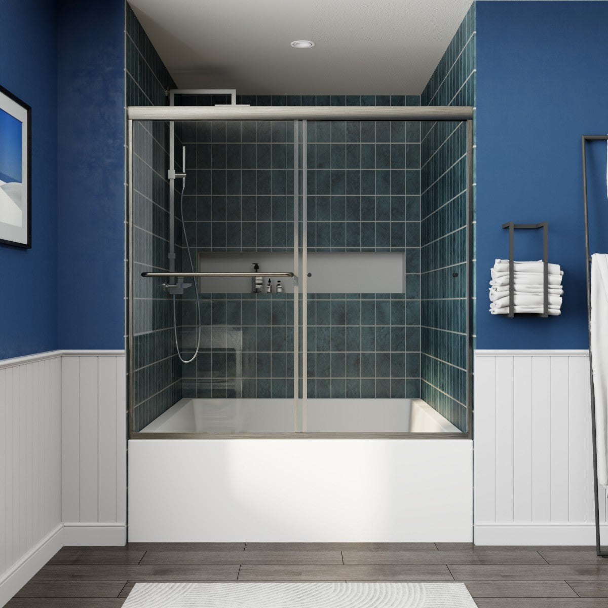Glide-B Allsumhome 56-60" Framed Double Sliding Tub Door,Bypass Bathtub Shower Tempered Glass Door,Explosion-Proof Film,Brush Nickel