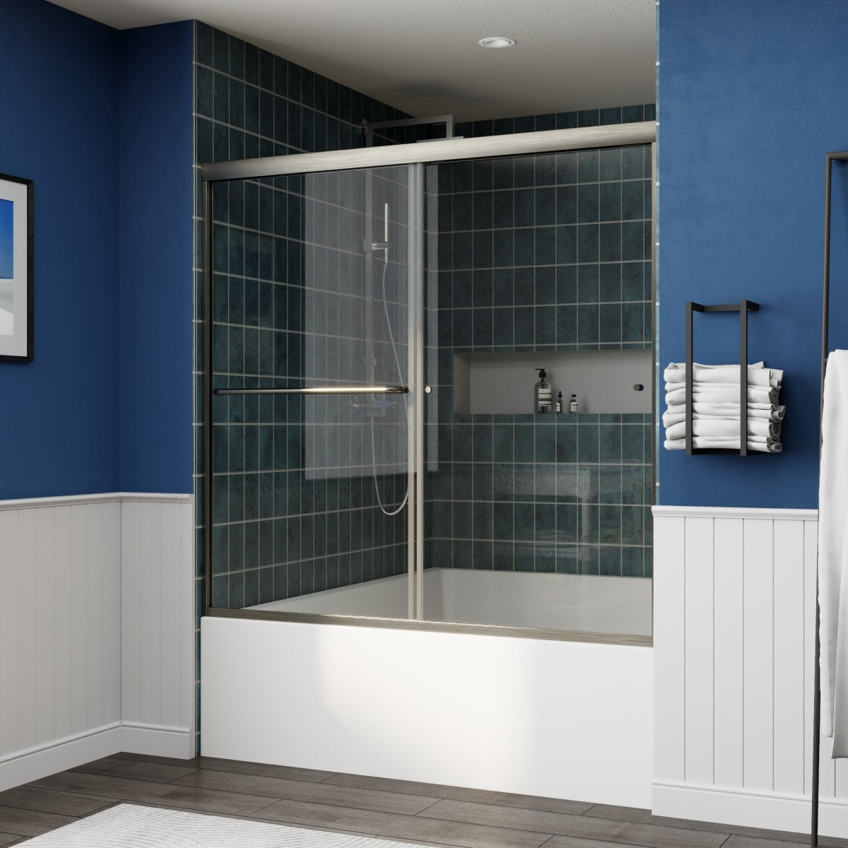 Glide-B Allsumhome 56-60" Framed Double Sliding Tub Door,Bypass Bathtub Shower Tempered Glass Door,Explosion-Proof Film,Brush Nickel