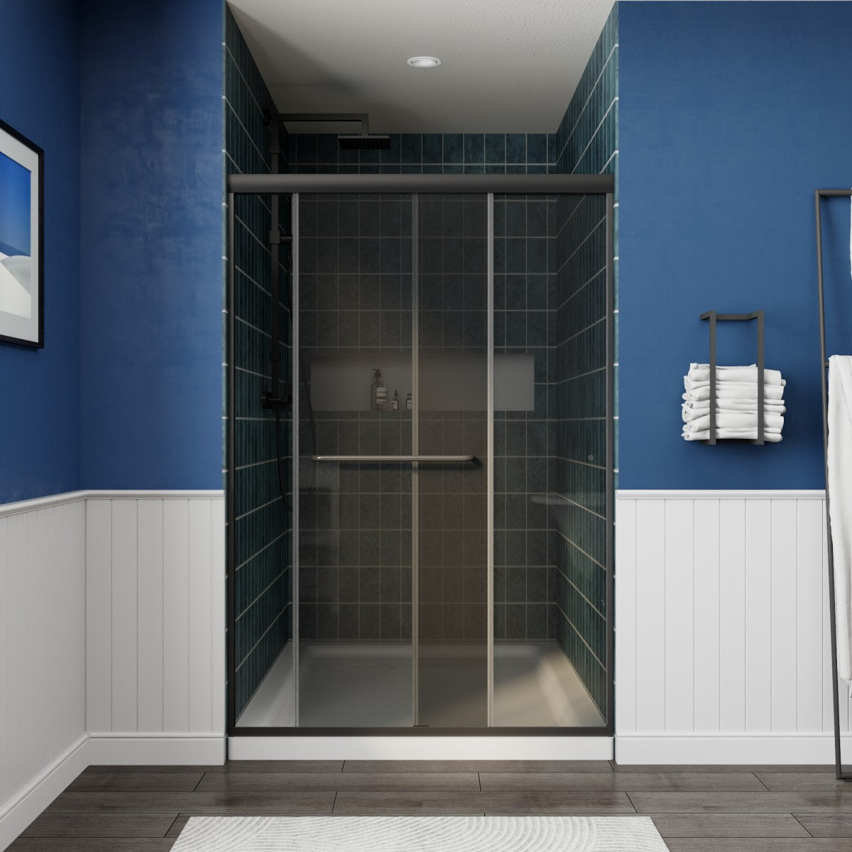 Glide-GR Framed Shower Door 44-48 in. W x 70 in. H Bypass Sliding Shower Enclosure,Matte Black,Double Sliding Smoke Gray Glass
