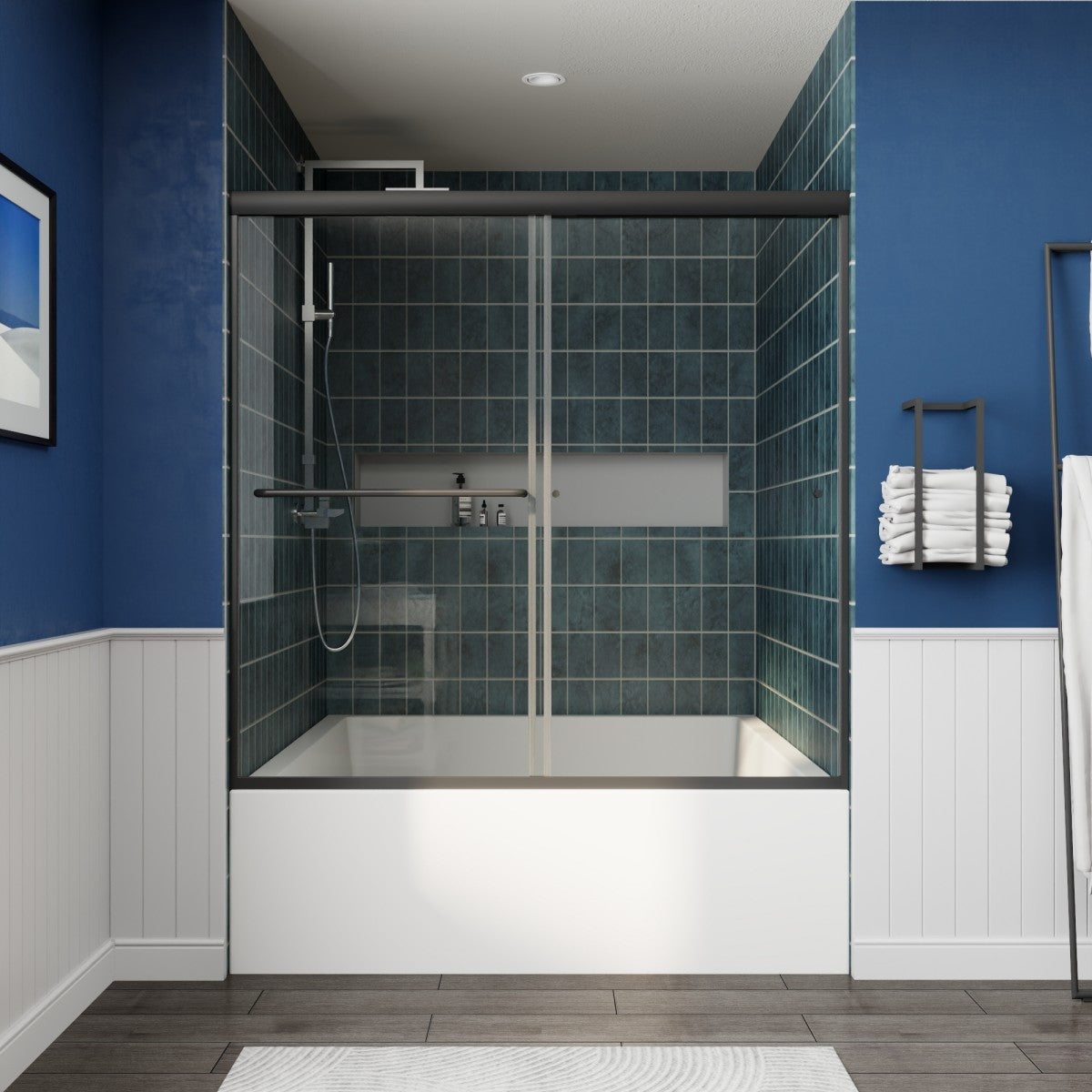 Glide-B Allsumhome 56-60" Framed Double Sliding Tub Door,Bypass Bathtub Shower Tempered Glass Door,Explosion-Proof Film,Matte Black