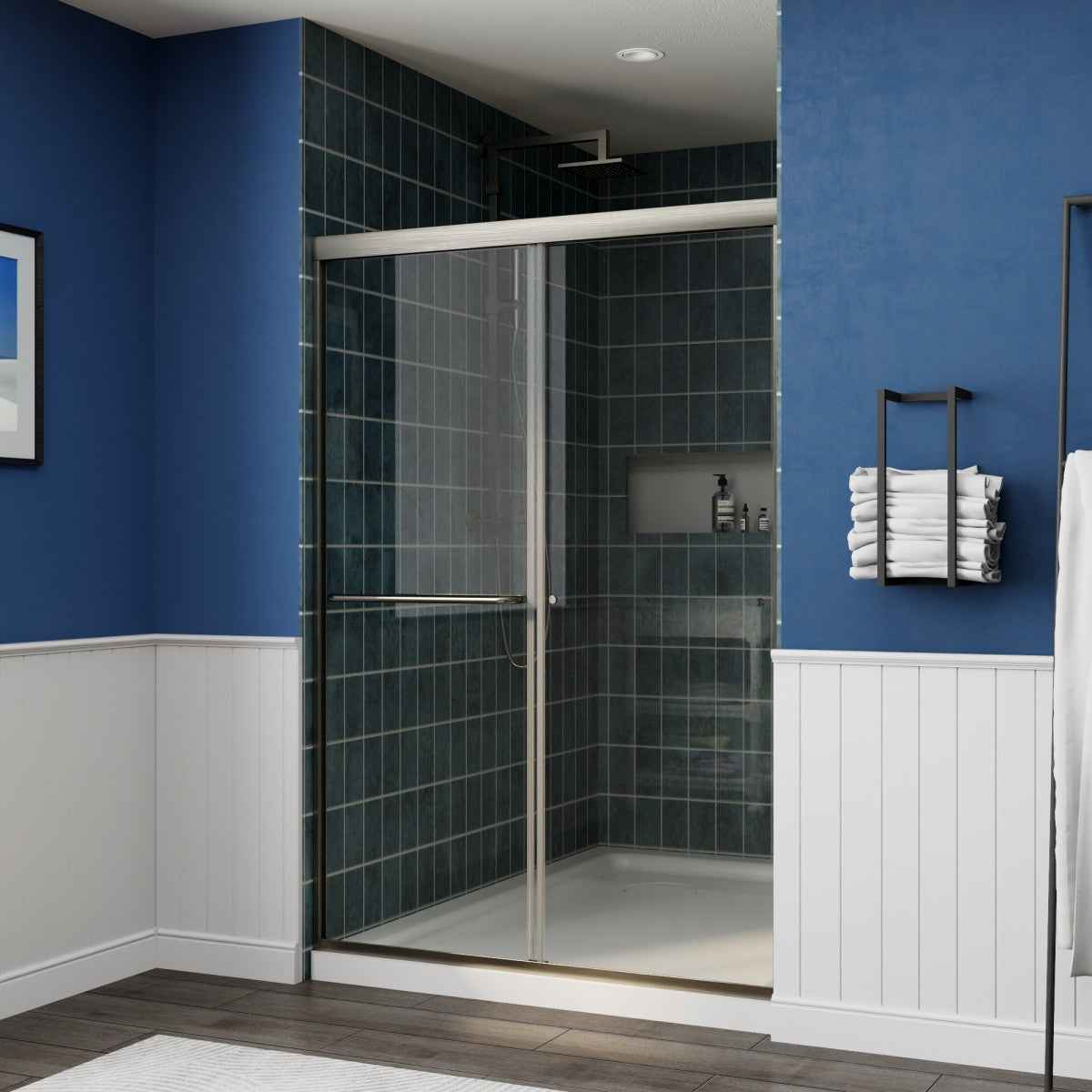 Glide 44-48" Wide x 70" Sliding Glass Shower Doors Frame in Brushed Gold,Clear Tempered Glass