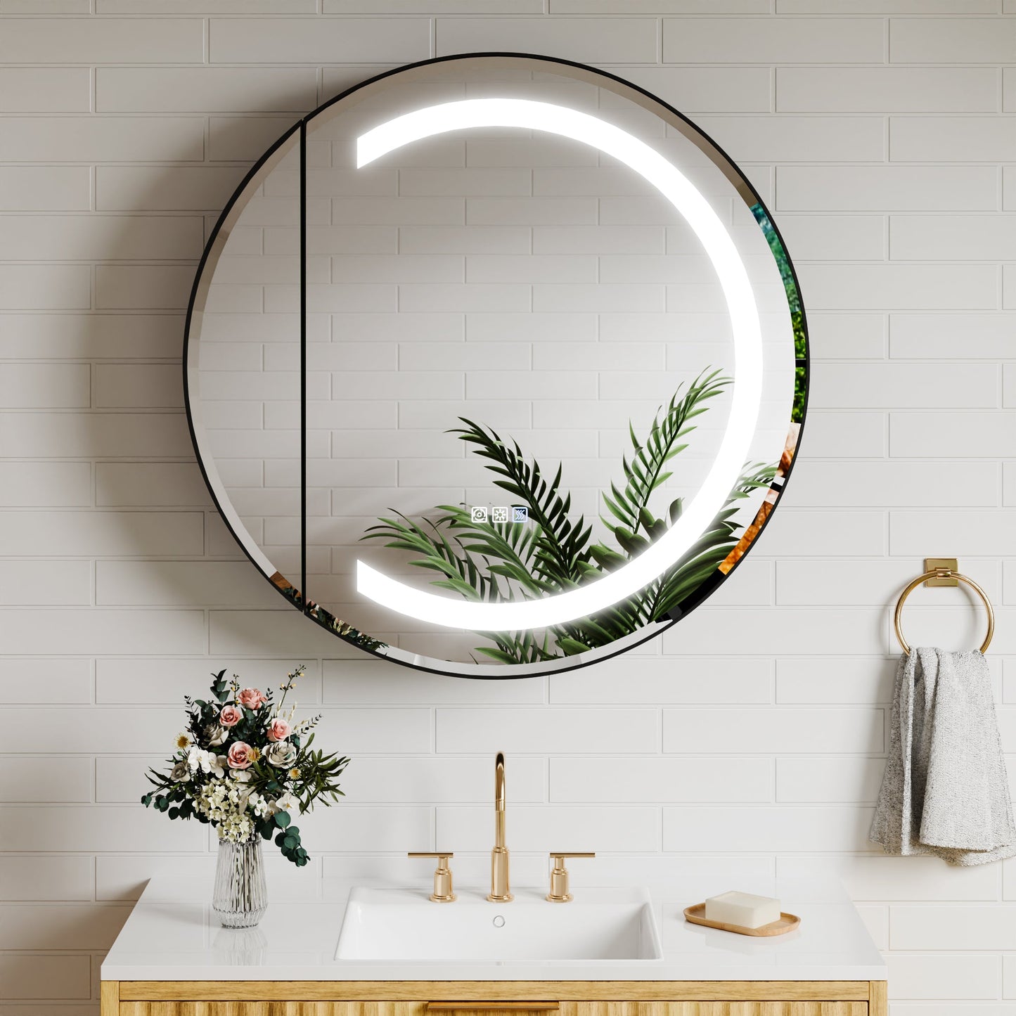 Hola 30" Round LED Medicine Cabinet �C Black Frame, Anti-Fog, Dimmable Lighting, Surface Mount - ExBriteUSA