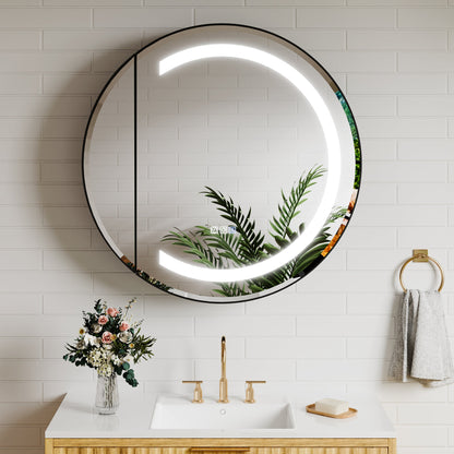 Hola 30" Round LED Medicine Cabinet �C Black Frame, Anti-Fog, Dimmable Lighting, Surface Mount - ExBriteUSA