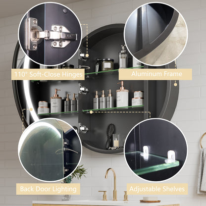 Hola 30" Round LED Medicine Cabinet �C Black Frame, Anti-Fog, Dimmable Lighting, Surface Mount - ExBriteUSA