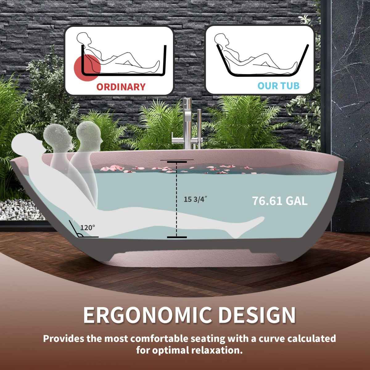 Allsumhome RockE 59" Imitation Natural Stone Freestanding Bathtub,Stone Touch,Pink,Scratch-proof,cUPC Certified,No Drain