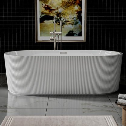 WSP-NK Exbrite 67' Acrylic Freestanding Bathtub, Unique Pleated Design, Glossy White,  Brushed Nickel  Overflow and Pop-Up Drain, cUPC Certified