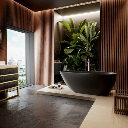 Allsumhome RockE 67" Oval Solid Surface Stone Freestanding Bathtub,Stone Touch,Pure Black,Scratch-proof,cUPC Certified,No Drain