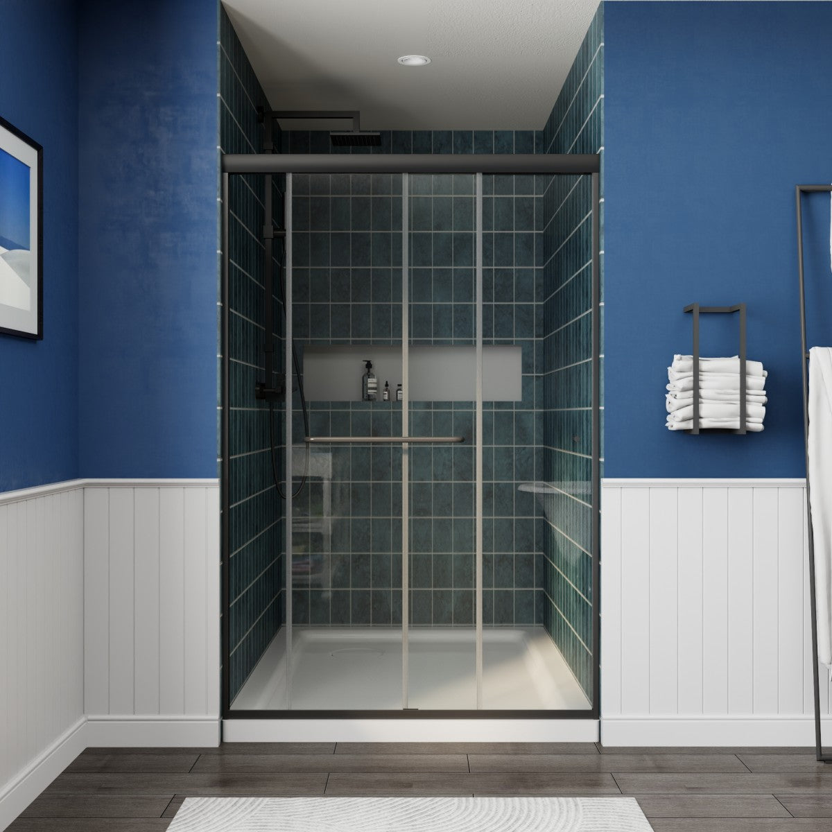 Glide 44-48" x 72" Framed Shower Door in Matte Black,Water Repellent Glass Shower Door,Easy Glide Rollers Sliding Shower Door