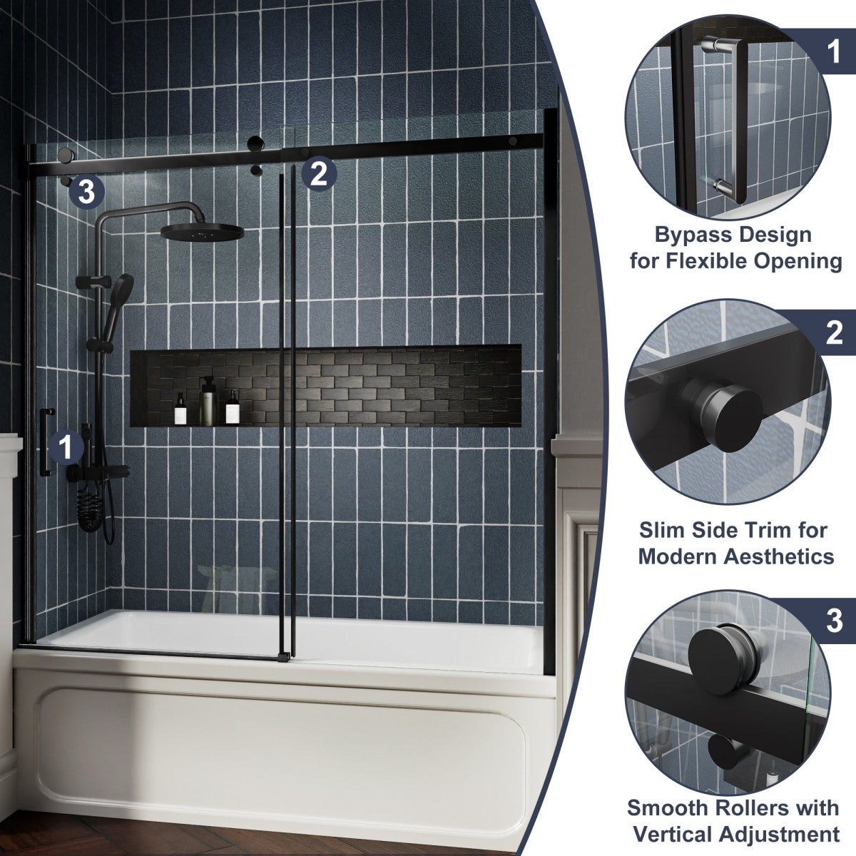 Zephyr 56-60" Semi-Frameless Single Sliding Tub Door,Matte Black,Bypass Bathtub Shower Tempered Glass Door with Explosion-Proof Film